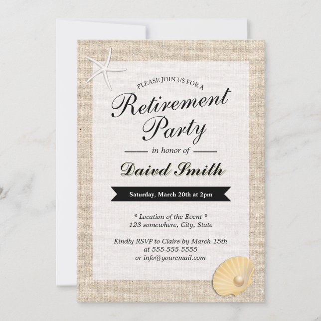 Beach Themed Burlap Retirement Party Invitations (Front)