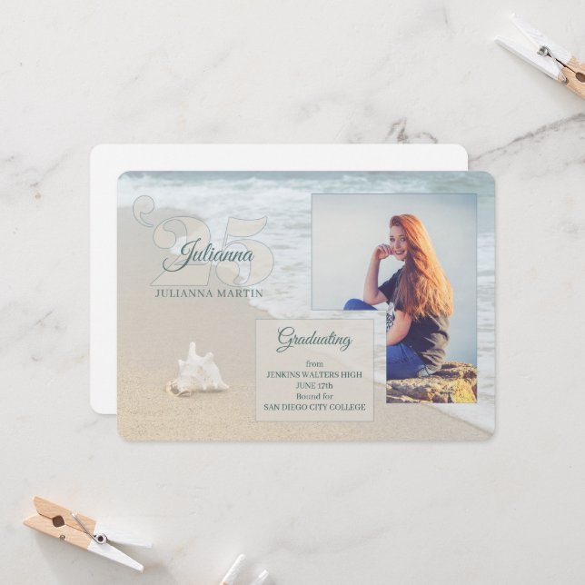 Beach Themed Class of 2025 Graduation Photo Invitation (Front/Back In Situ)