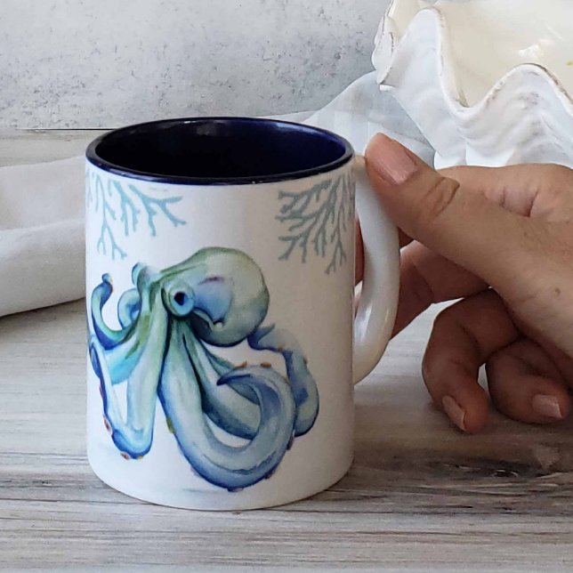 Beach Themed Coffee Mugs Blue Octopus (Beach-themed coffee mugs ocean inspired octopus art by Victoria Grigaliunas of Do Tell A Belle)