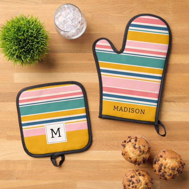 Beach Themed Colour Stripes Oven Mitt & Pot Holder Set (Top Down)