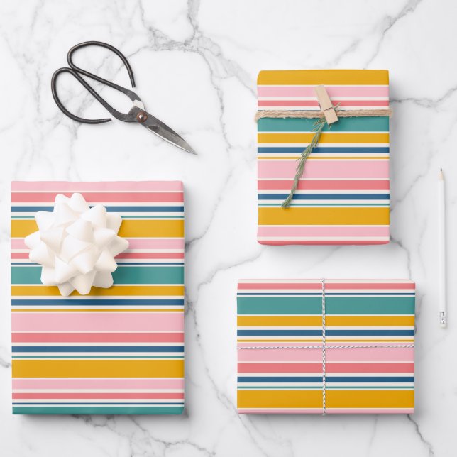 Beach Themed Colour Stripes Wrapping Paper Sheet (Front)