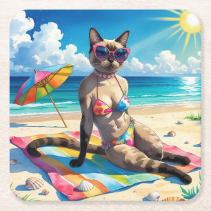 Beach themed for Siamese Cat lovers Square Paper Coaster