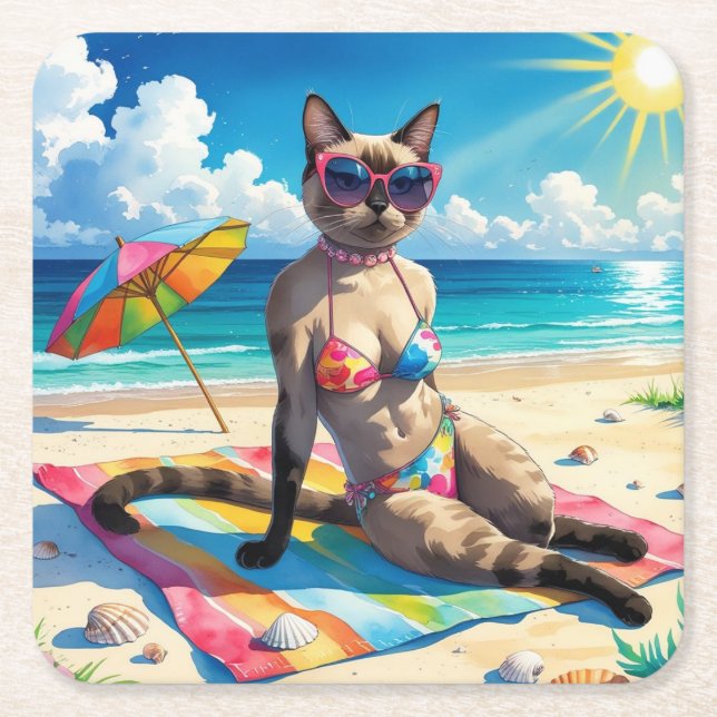 Beach themed for Siamese Cat lovers Square Paper Coaster (Front)