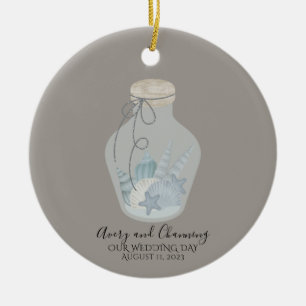 Beach Themed "Our Wedding Day" with Shells  Ceramic Tree Decoration