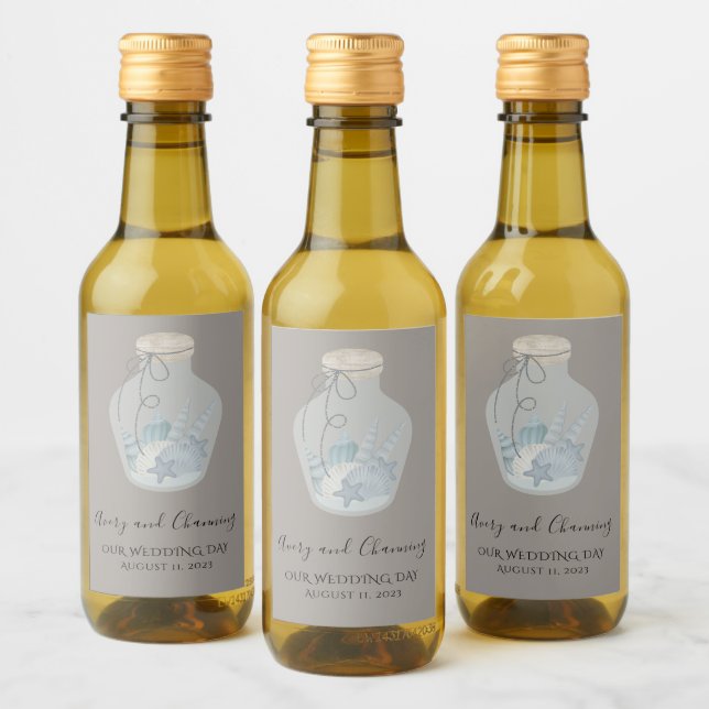 Beach Themed "Our Wedding Day" with Shells Mini Wine Label (Bottles)