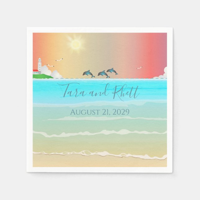 Beach Themed Personalised Wedding Paper Napkins (Front)