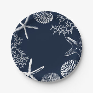 Beach Themed Starfish & Seashells Navy Blue Paper Plate