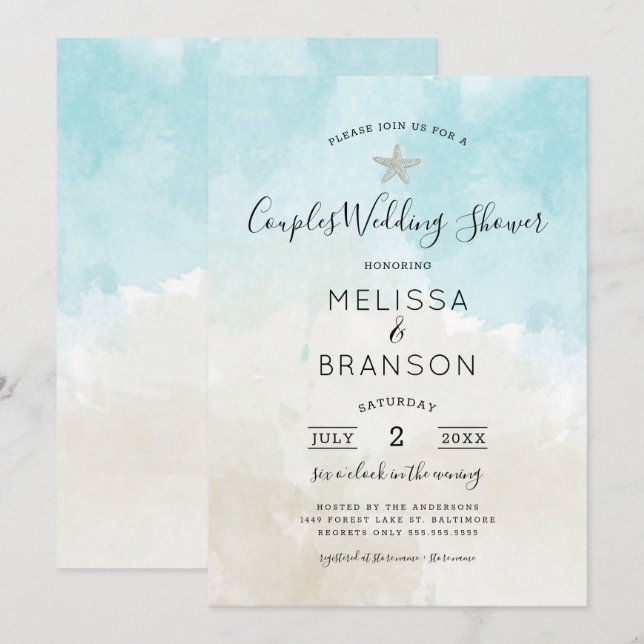 Beach Themed Watercolor Couples wedding shower Invitation (Front/Back)