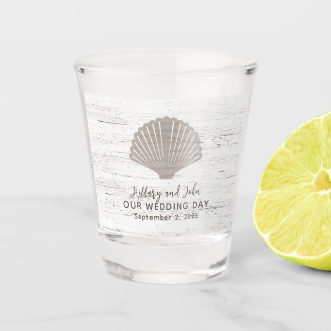 Beach Themed Wedding Wood Grain Shot Glass (Front)