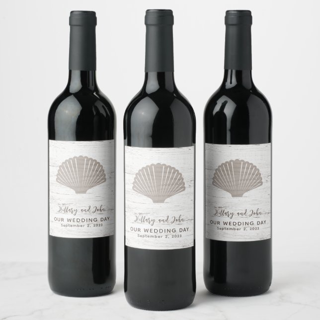 Beach Themed Wedding Wood Grain Wine Label (Bottles)