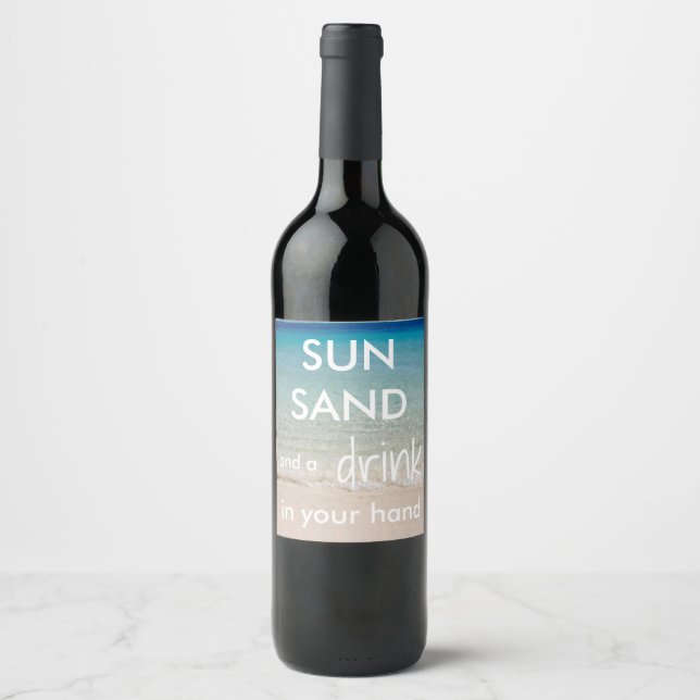 Beach Themed Wine Bottle Labels with Quote (Front)