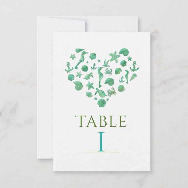 Beach Things Green Watercolor Table Number Cards (Front)
