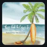Beach - this book belongs to square sticker<br><div class="desc">Baby on Board! Baby shower invitation - perfect for a summer baby shower. Beach theme. Watercolor design has a ocean and beach scene with surfboard,  palm tree and summer hat.</div>