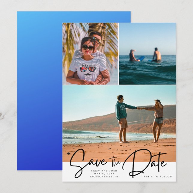 Beach Three Photo Wedding Save the Date (Front/Back)