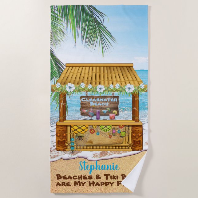 Beach Tiki Bar Blue Tropical Landscape Painting Towel (Front)