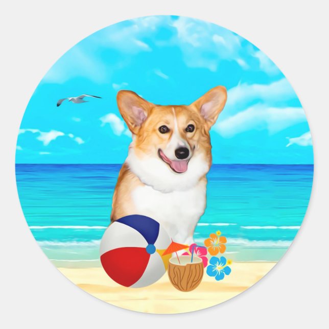 Beach Time Corgi Classic Round Sticker (Front)