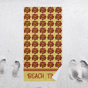 Beach Time Red Dahlia Floral Pattern on Yellow Beach Towel