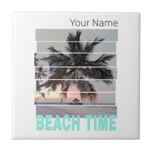 Beach Time Vintage Pier Palm Tree Sunset Souvenir Tile