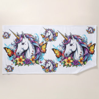 Beach Towel, 70" x 35" - Unicorn, Butterflies Towel