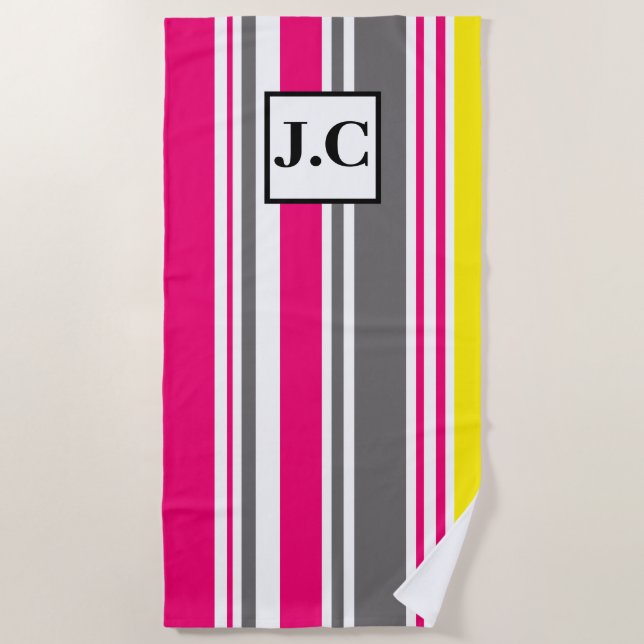 Beach Towel - Beach Hut Stripes Hot Pink (Front)
