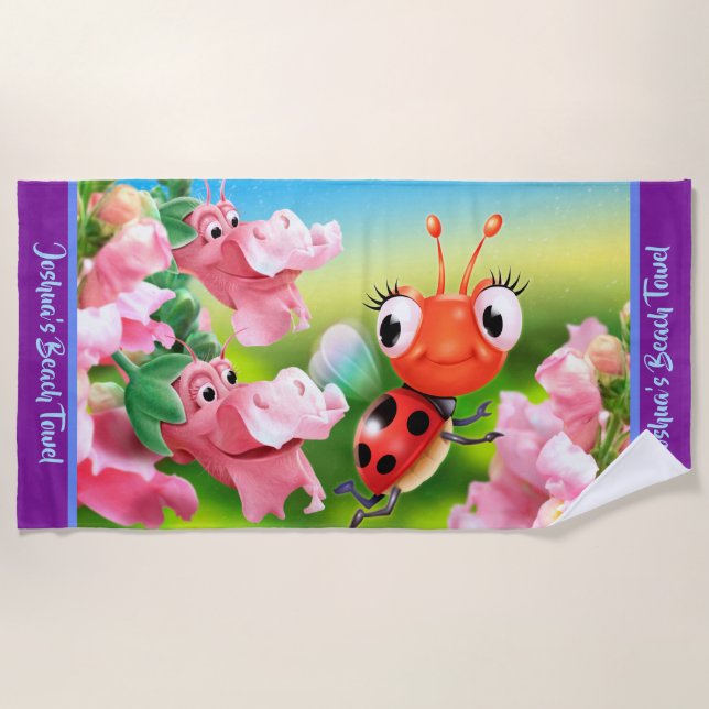 Beach towel Ladybug flower garden. Purple edge (Front)