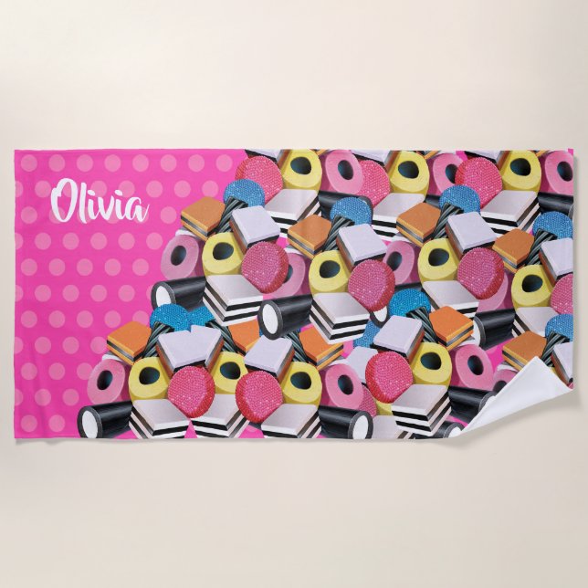 Beach towel Liquorice Candy Allsorts. Neon Pink (Front)