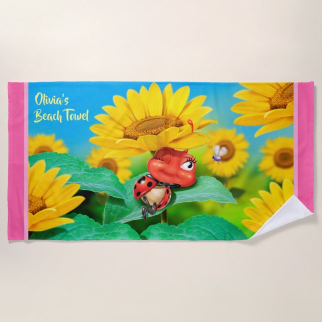Beach towel sleepy Ladybug sunflowers. Pink edge (Front)