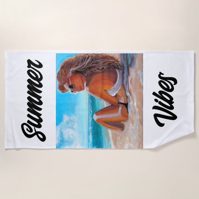BEACH TOWEL UNIQUE PAINTING GIRL SITTING ON BEACH  (Front)