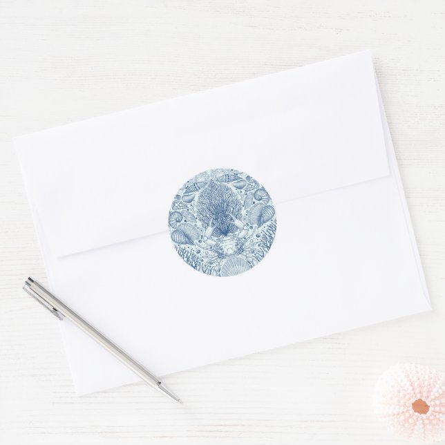 Beach treasures in blue classic round sticker (Envelope)