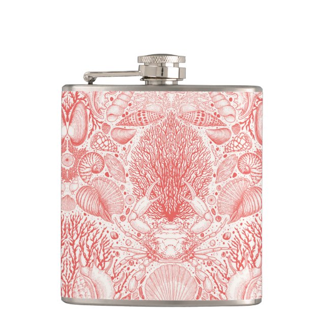 Beach treasures in coral red hip flask (Front)