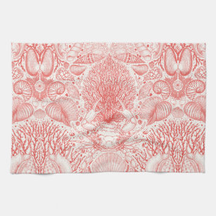 Beach treasures in coral red tea towel