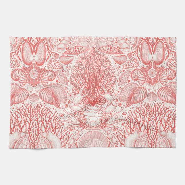 Beach treasures in coral red tea towel (Horizontal)