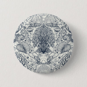 Beach treasures, seashells, crab, corals and seawe 6 cm round badge