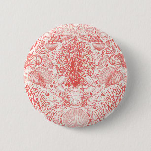 Beach treasures, seashells, crab, corals and seawe 6 cm round badge