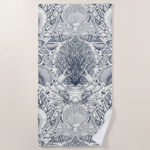 Beach treasures, seashells, crab, corals and seawe beach towel
