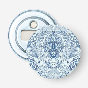 Beach treasures, seashells, crab, corals and seawe bottle opener