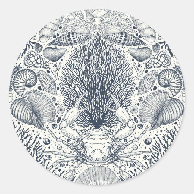 Beach treasures, seashells, crab, corals and seawe classic round sticker (Front)
