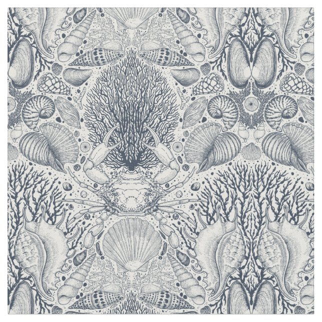 Beach treasures, seashells, crab, corals and seawe fabric (Close Up)