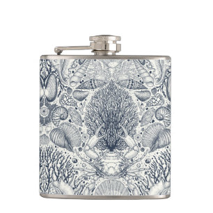 Beach treasures, seashells, crab, corals and seawe hip flask