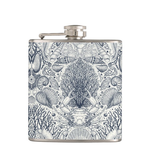 Beach treasures, seashells, crab, corals and seawe hip flask (Front)