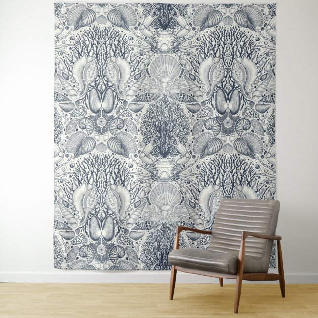 Beach treasures, seashells, crab, corals and seawe tapestry (In Situ)