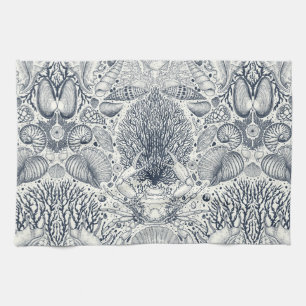 Beach treasures, seashells, crab, corals and seawe tea towel