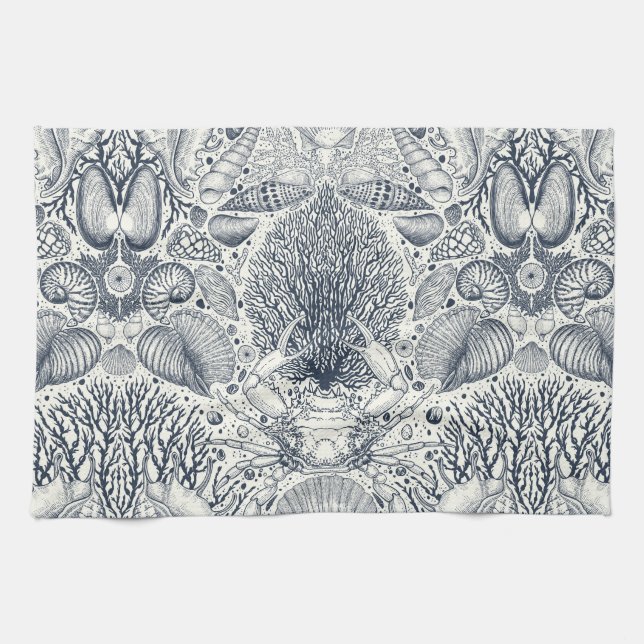 Beach treasures, seashells, crab, corals and seawe tea towel (Horizontal)