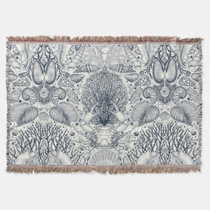 Beach treasures, seashells, crab, corals and seawe throw blanket