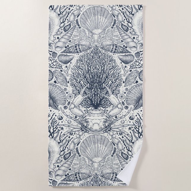 Beach treasures, seashells, crab, corals and seawe towel (Front)