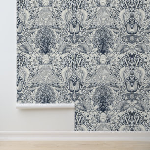 Beach treasures, seashells, crab, corals and seawe wallpaper