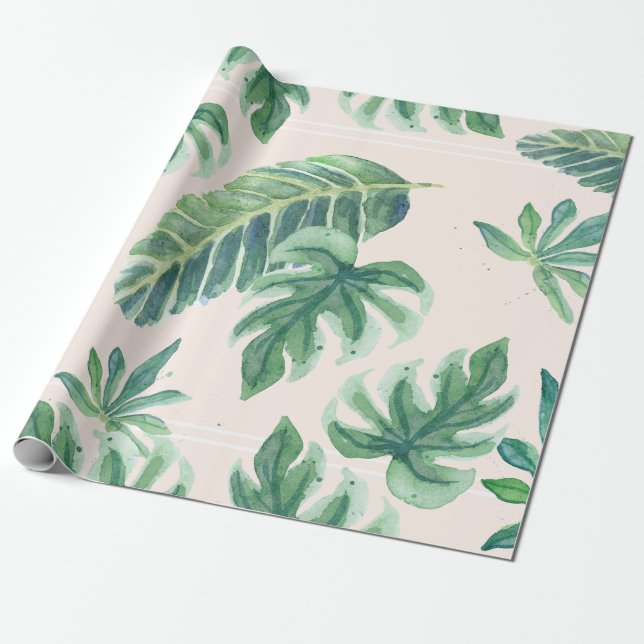 Beach Tropical Blush n Green Jungle Leaf Foliage Wrapping Paper (Unrolled)
