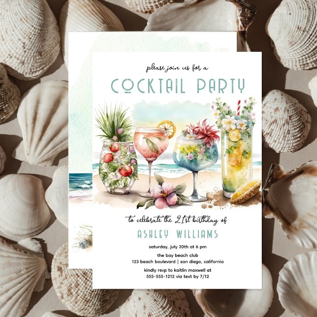 Beach Tropical Cocktails 21st Birthday Party Invitation (Creator Uploaded)