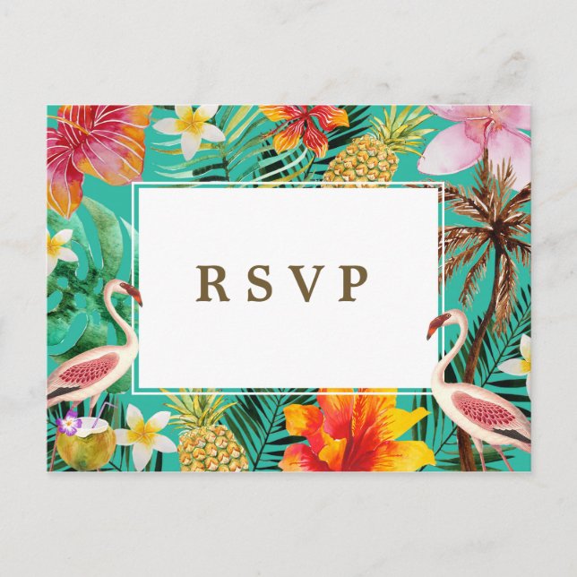 beach tropical flamingo wedding party rsvp invitation postcard (Front)