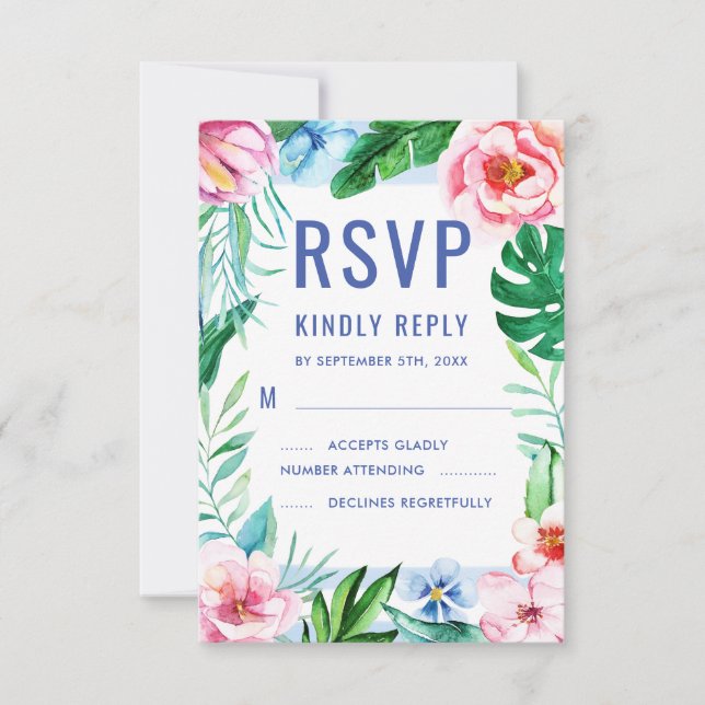 Beach Tropical Floral Hawaiian Colourful Wedding RSVP Card (Front)